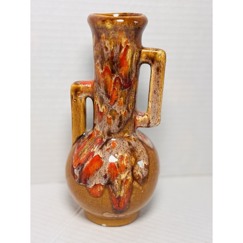 Vintage‎ Cherokee Art Pottery Vase 1982 Drip Glaze Earth Tone Double Handle